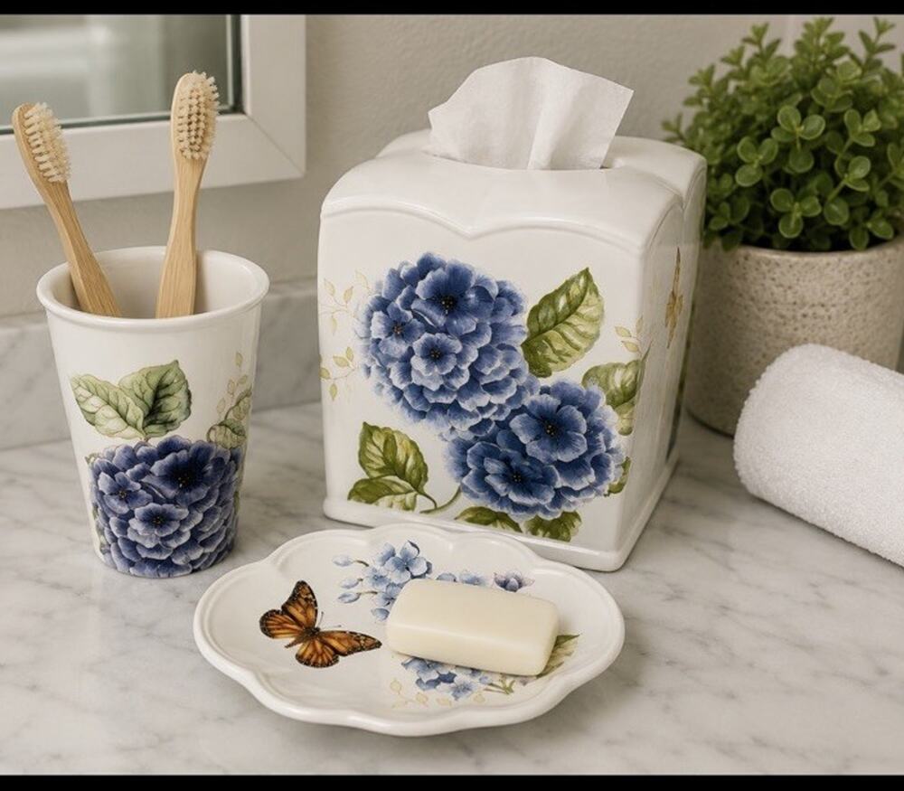 Lenox Blue floral Bathroom Set Tissue Holder Toothbrush Soap Dish Butterfly